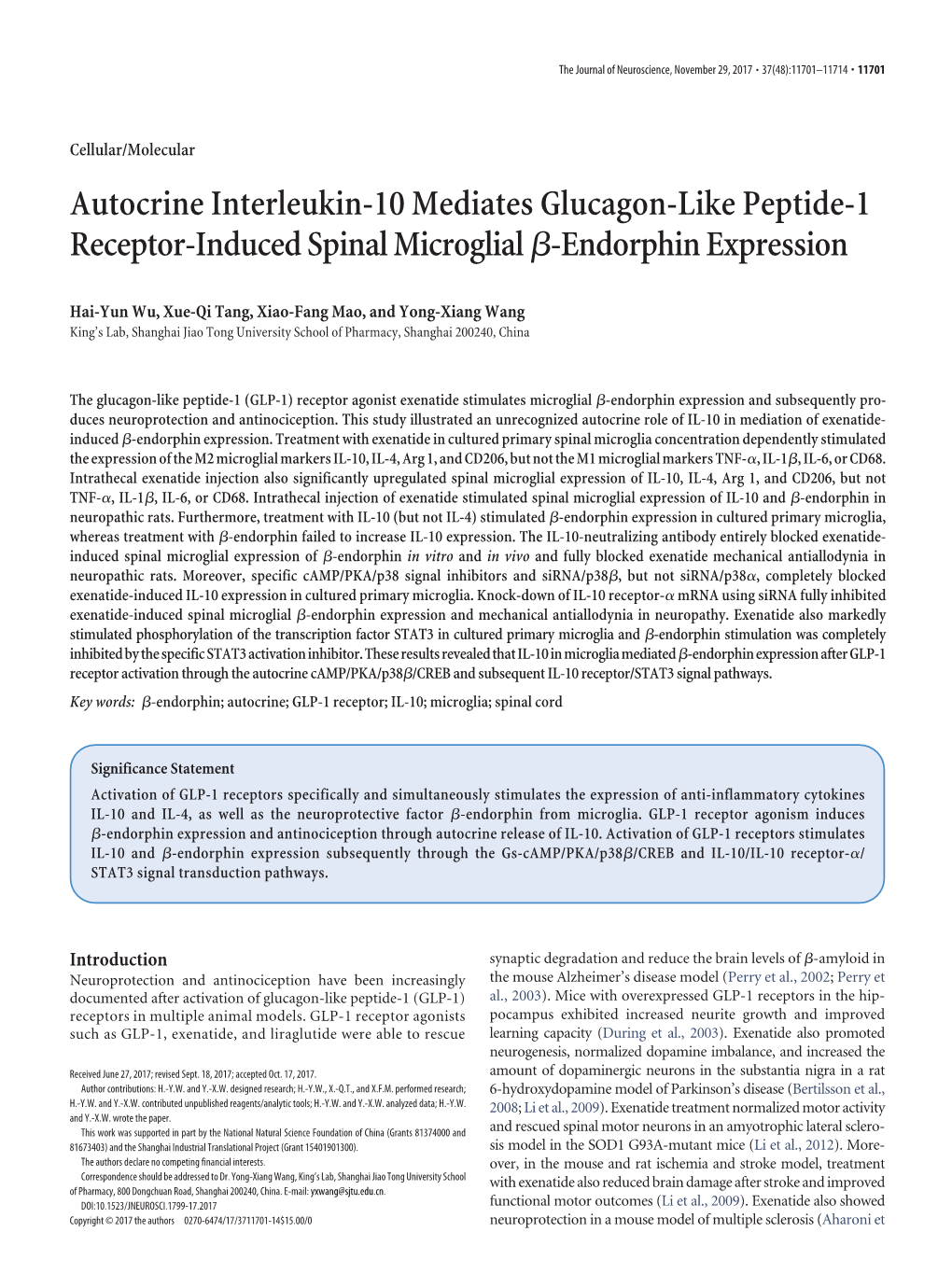 Autocrine Interleukin-10 Mediates Glucagon-Like Peptide-1 Receptor-Induced Spinal Microglial ␤-Endorphin Expression