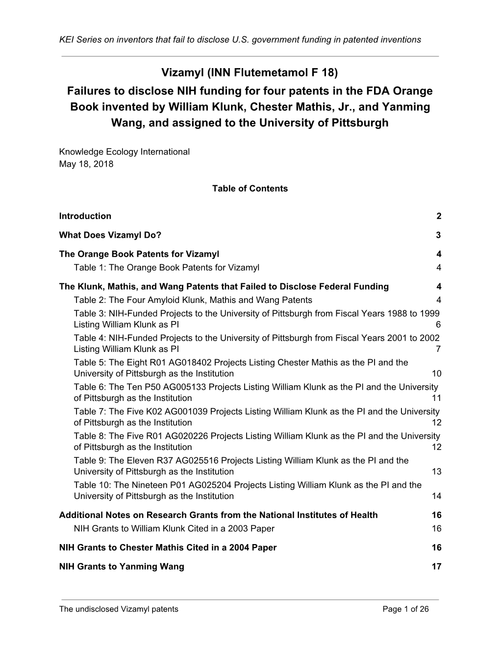 Vizamyl (INN Flutemetamol F 18) Failures to Disclose NIH Funding For