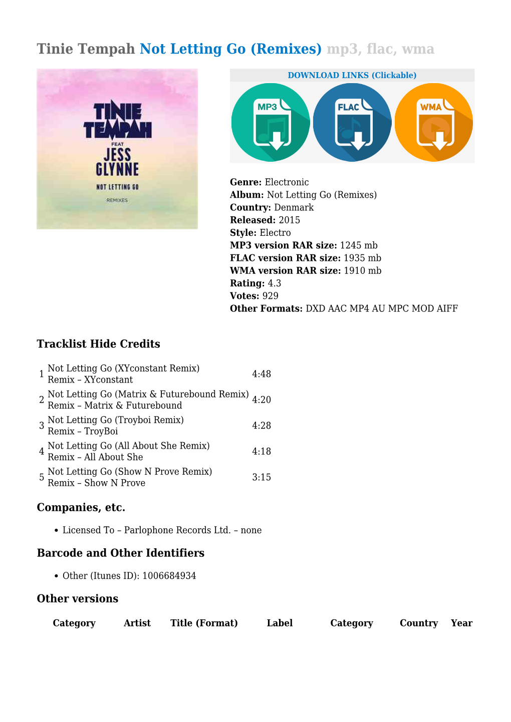 Tinie Tempah Not Letting Go (Remixes) Mp3, Flac, Wma