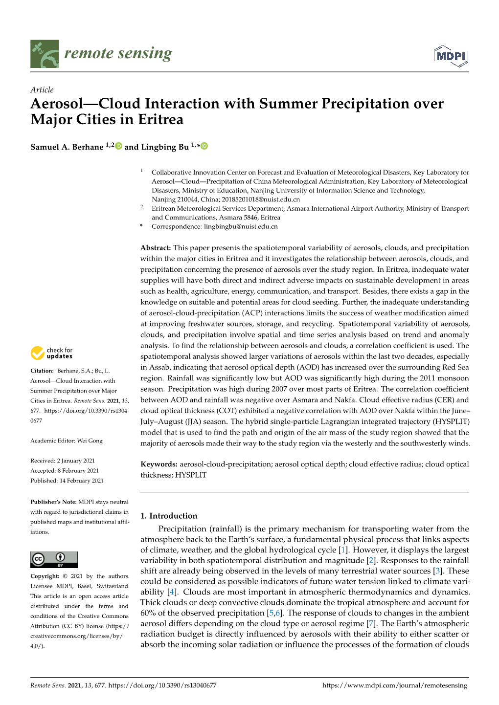 Aerosol—Cloud Interaction with Summer Precipitation Over Major Cities in Eritrea