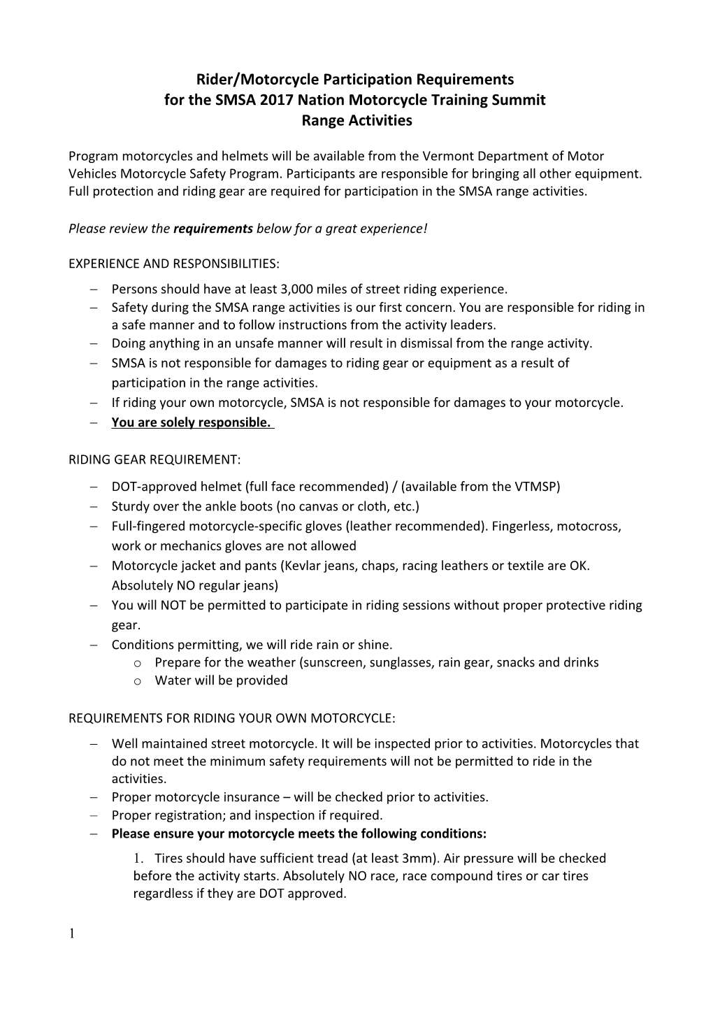 Rider/Motorcycle Participation Requirements for the SMSA 2017 Nation Motorcycle Training