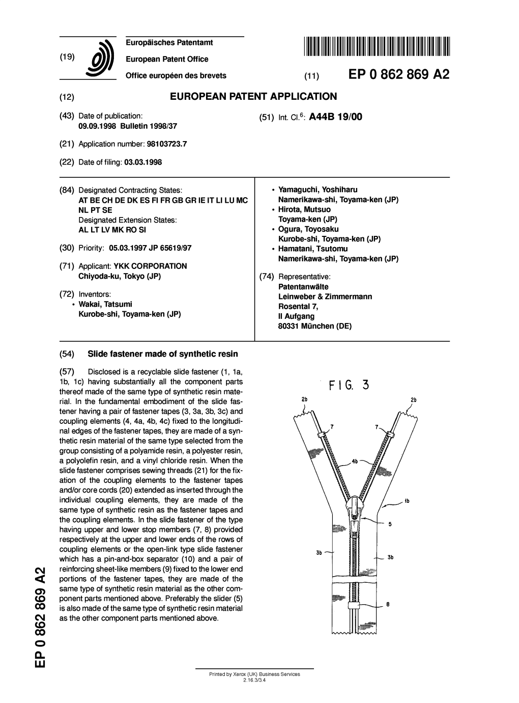 Slide Fastener Made of Synthetic Resin