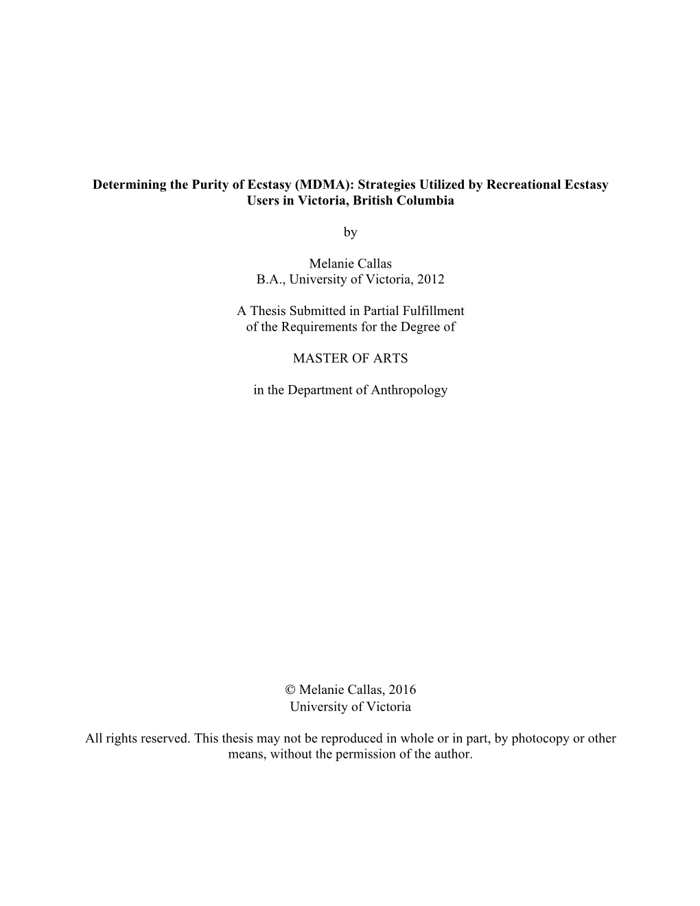 MDMA): Strategies Utilized by Recreational Ecstasy Users in Victoria, British Columbia