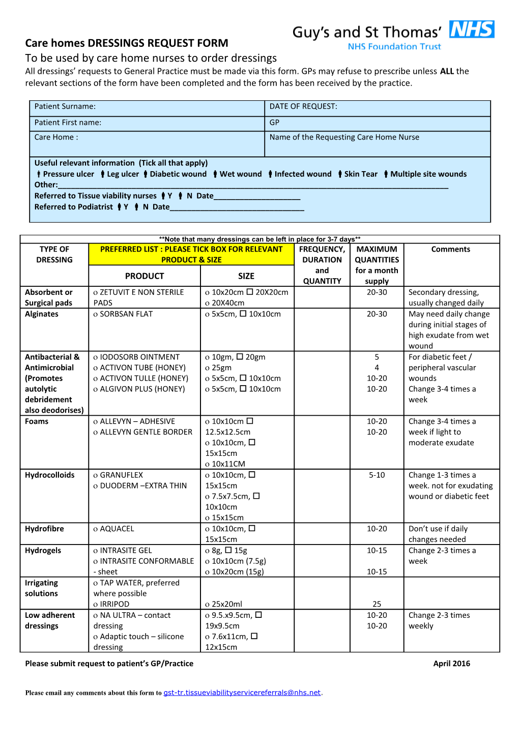 Care Homes DRESSINGS REQUEST FORM