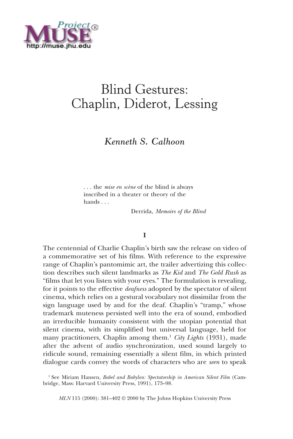 Blind Gestures: Chaplin, Diderot, Lessing