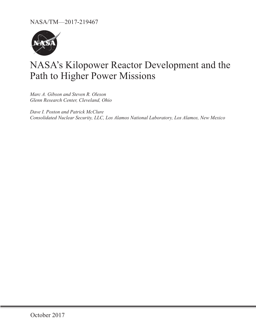 NASA's Kilopower Reactor Development and the Path To