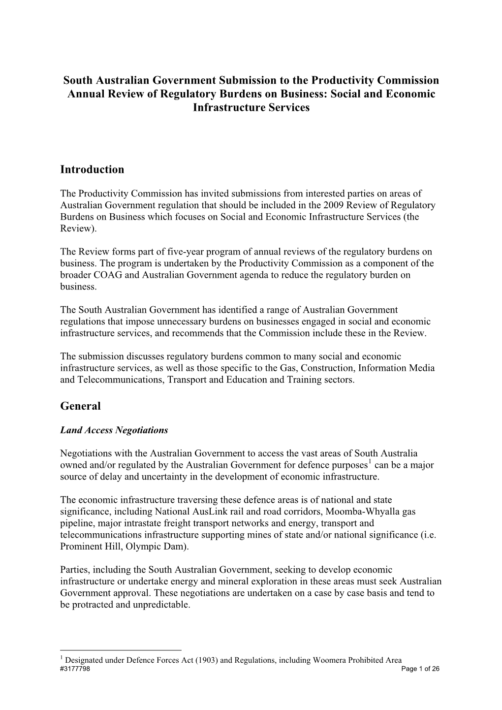 South Australian Government Submission to the Productivity Commission Annual Review of Regulatory Burdens on Business: Social and Economic Infrastructure Services