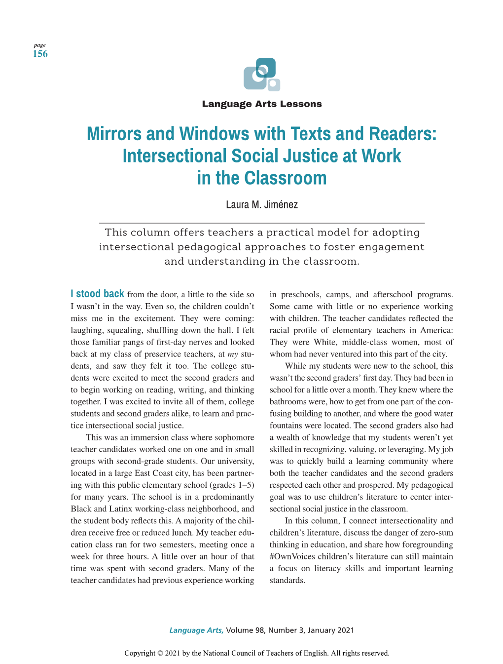 Mirrors and Windows with Texts and Readers: Intersectional Social Justice at Work in the Classroom Laura M