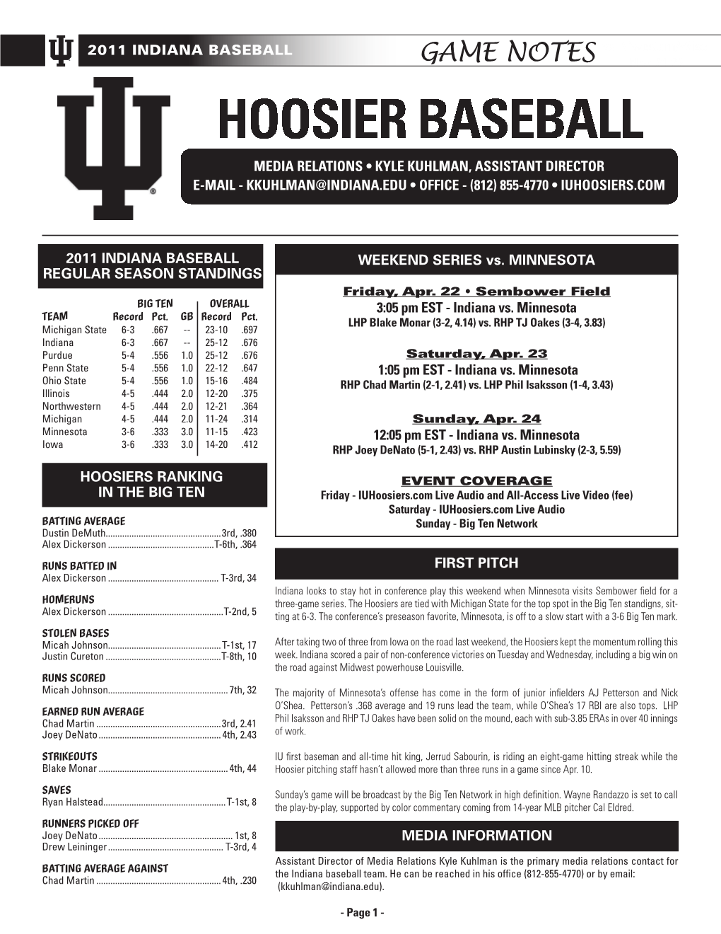 Hoosier Baseball Media Relations • Kyle Kuhlman, Assistant Director E-Mail - Kkuhlman@Indiana.Edu • Office - (812) 855-4770 • Iuhoosiers.Com