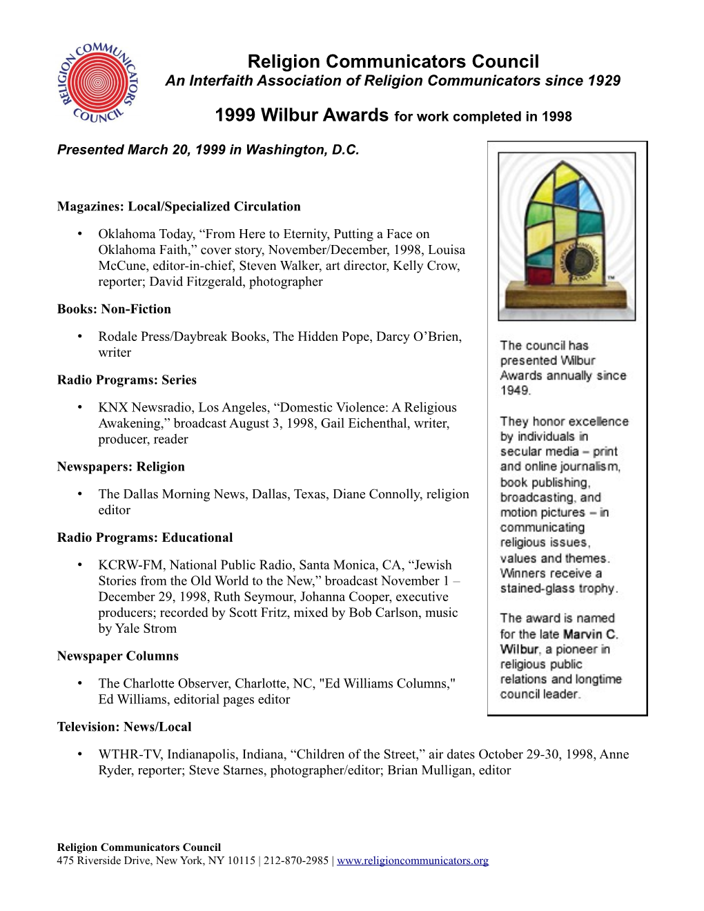 1999 Wilbur Award Winners