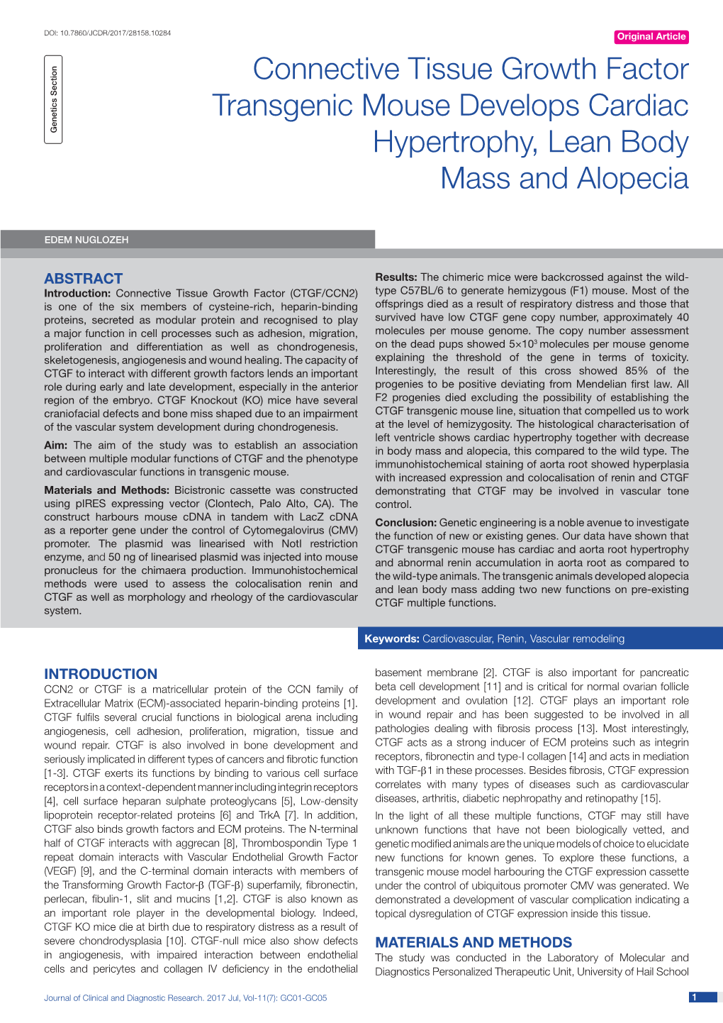 Connective Tissue Growth Factor Transgenic Mouse Develops