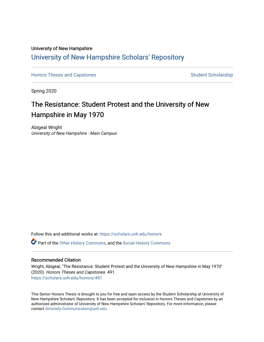 Student Protest and the University of New Hampshire in May 1970