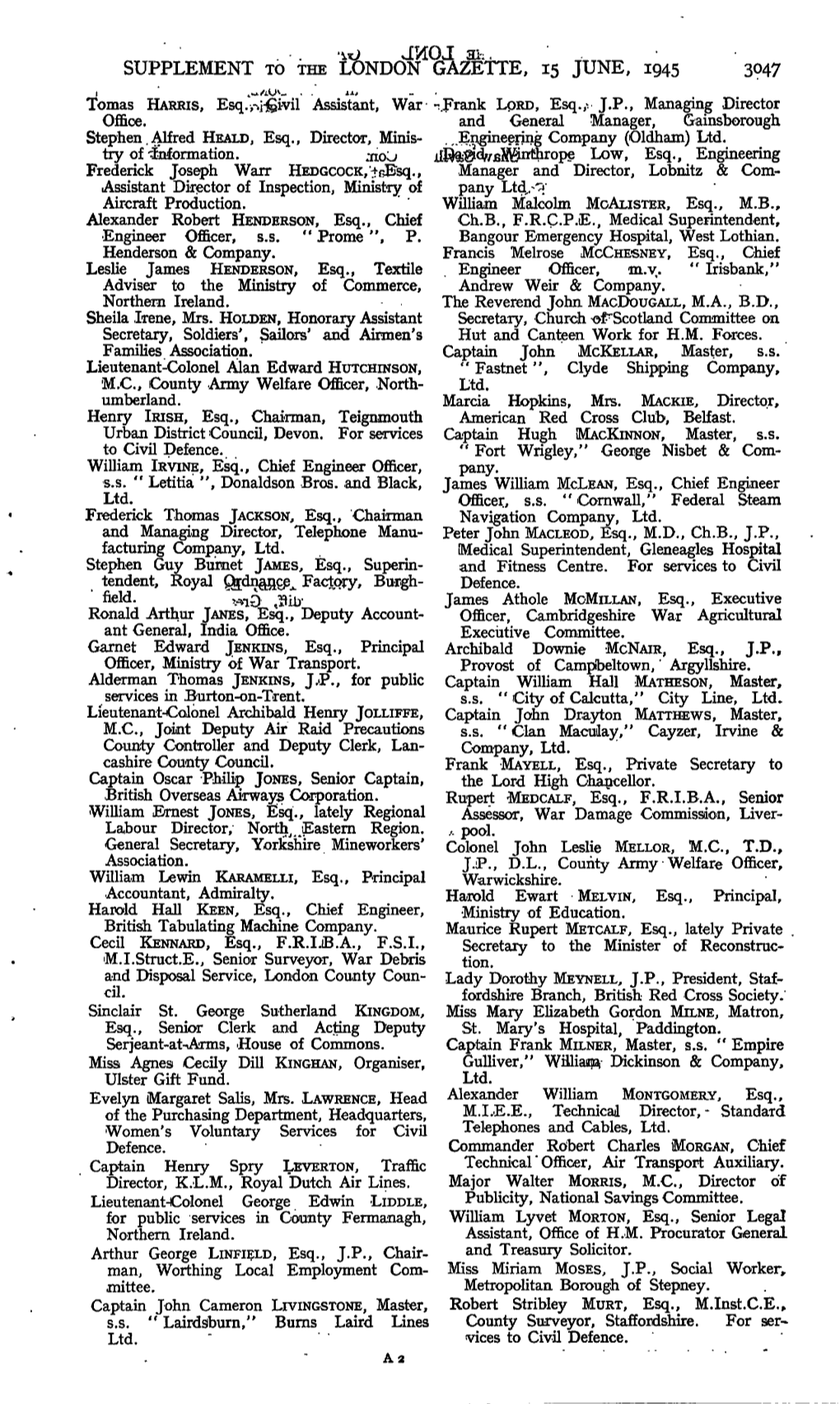 Supplement to the London Gazette, 15 June, 1945 3047