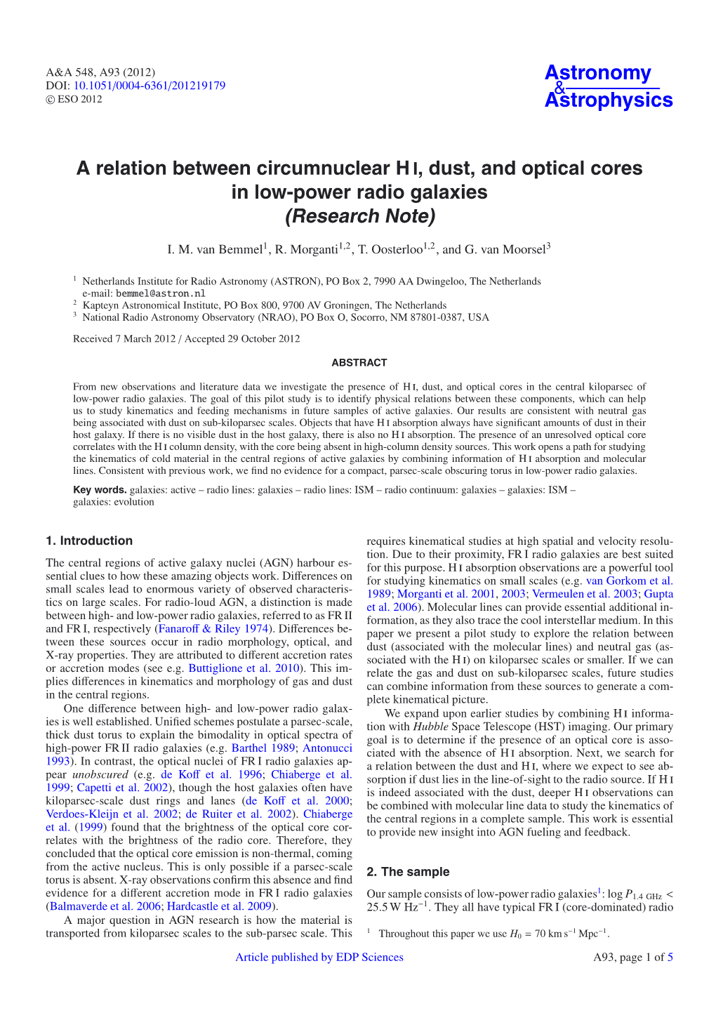 A Relation Between Circumnuclear H I, Dust, and Optical Cores in Low-Power Radio Galaxies (Research Note)