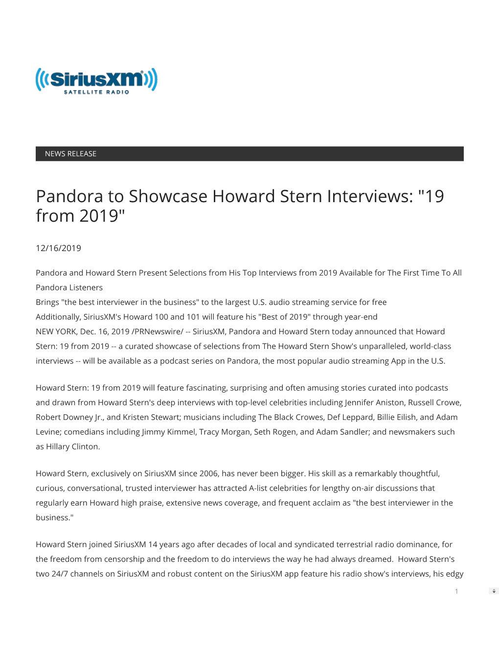 Pandora to Showcase Howard Stern Interviews: "19 from 2019"