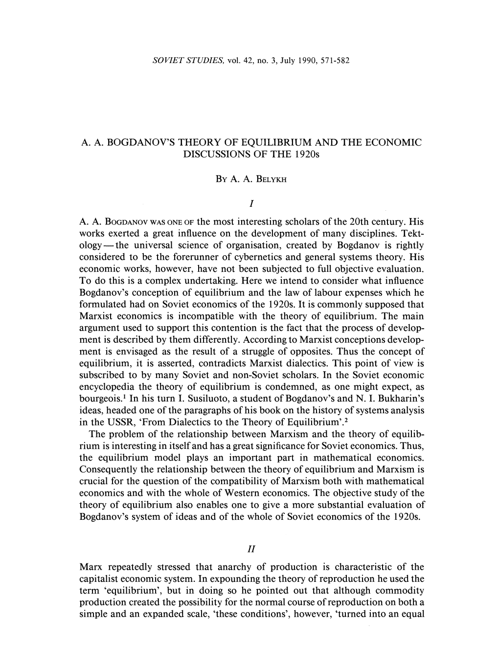 A. A. BOGDANOV's THEORY of EQUILIBRIUM and the ECONOMIC DISCUSSIONS of the 1920S
