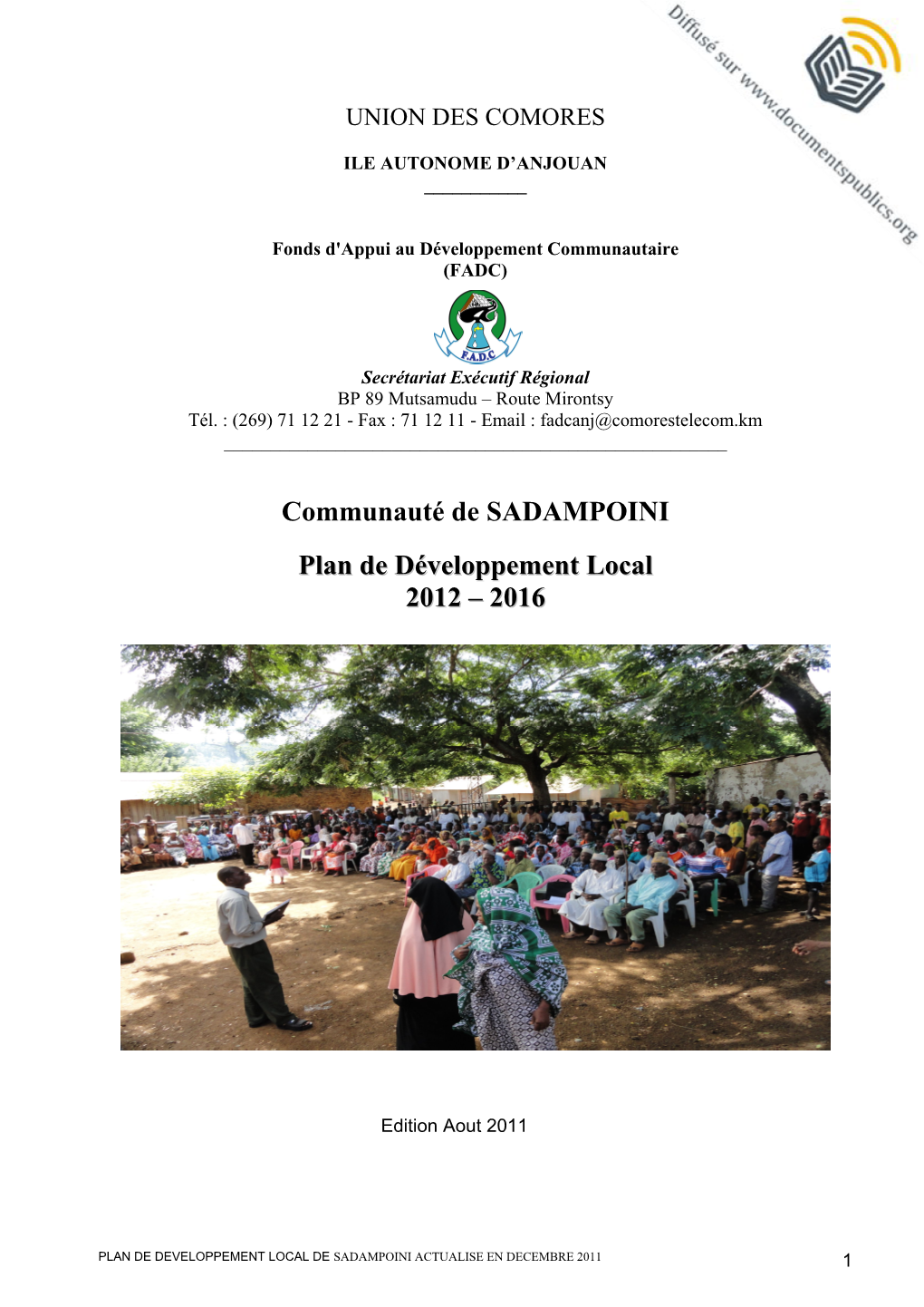 Communauté De SADAMPOINI Plan De Développement Local 2012