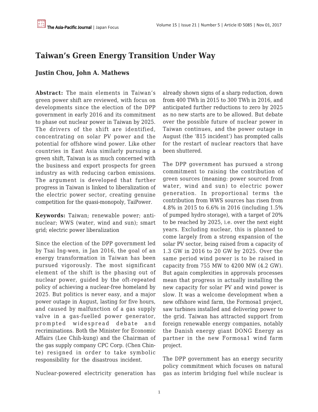 Taiwan's Green Energy Transition Under