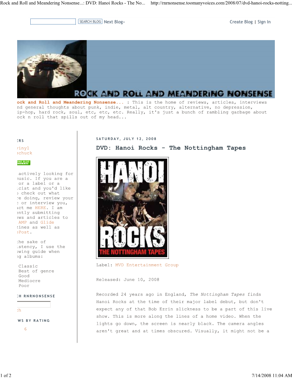 Rock and Roll and Meandering Nonsense...: DVD: Hanoi Rocks - the No