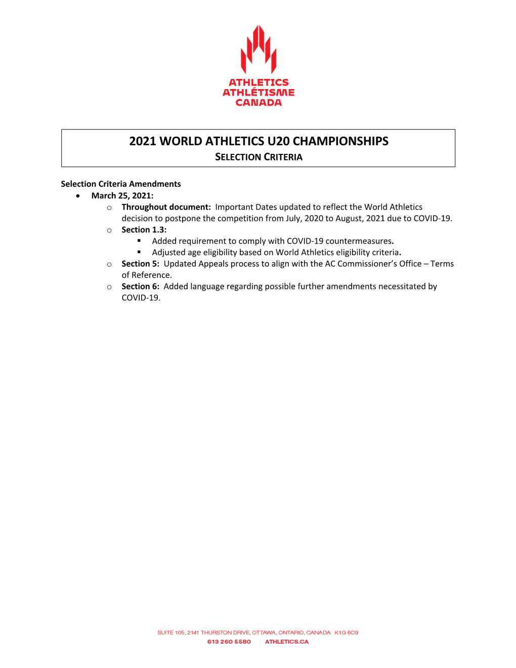 2021 World Athletics U20 Championships – Selection Criteria