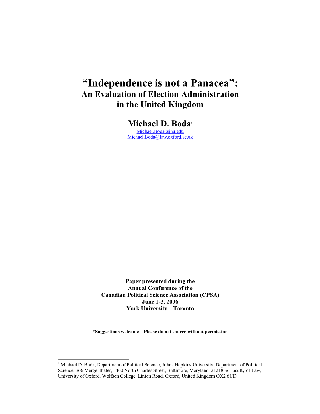 Independence Is Not a Panacea: an Evaluation of Election Administration in the United Kingdom