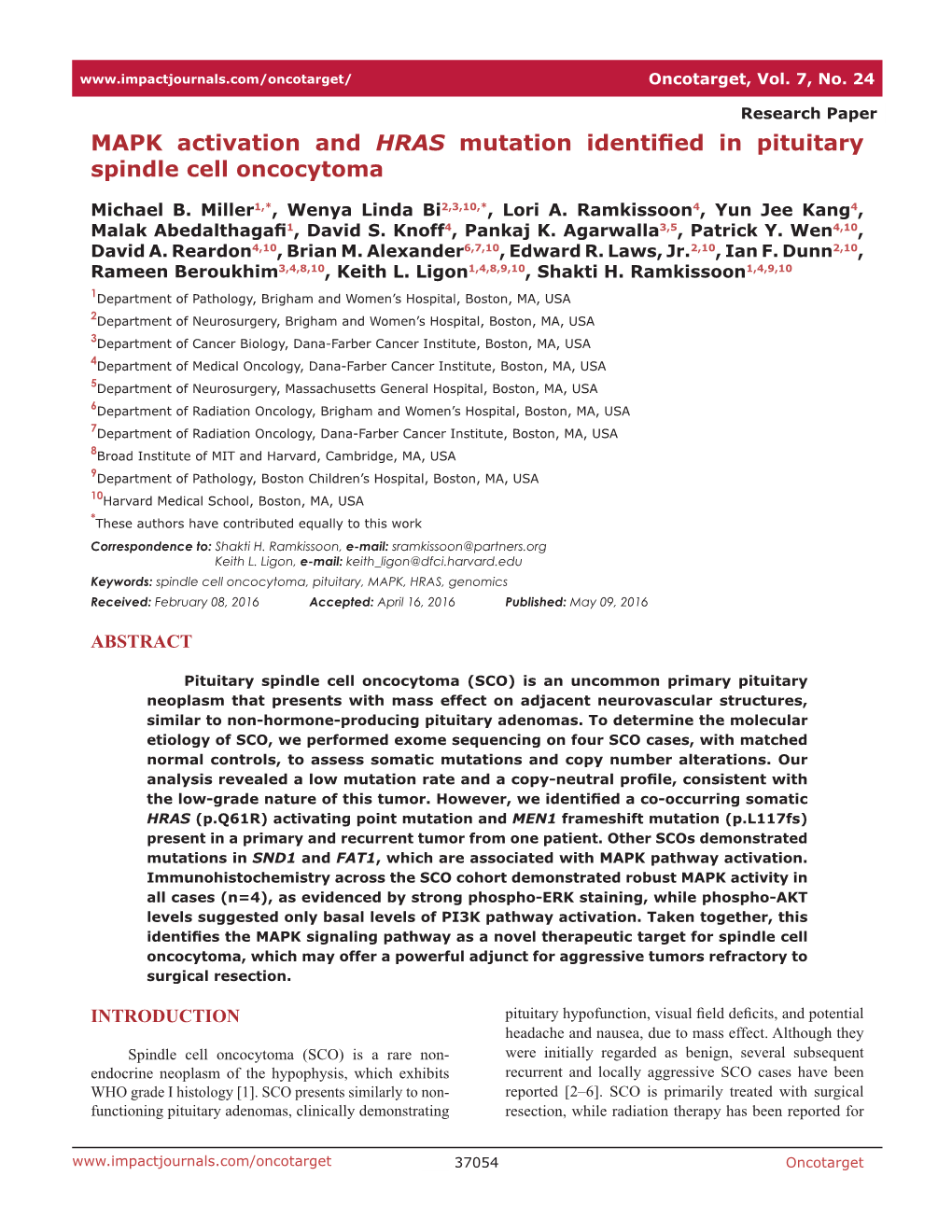 MAPK Activation and HRAS Mutation Identified in Pituitary Spindle Cell Oncocytoma