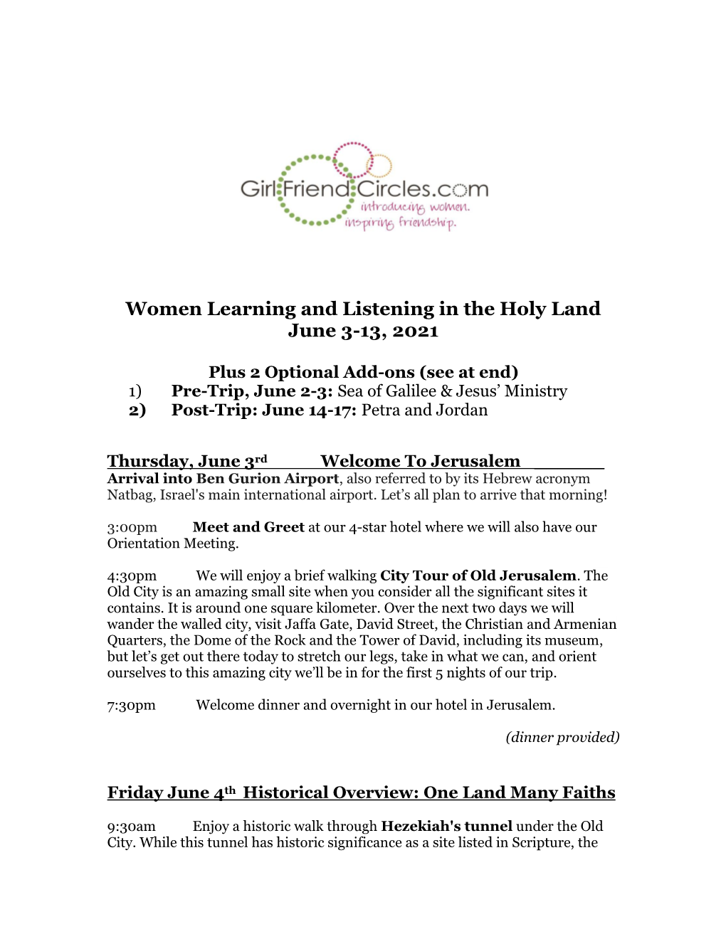 Women Learning and Listening in the Holy Land June 3-13, 2021