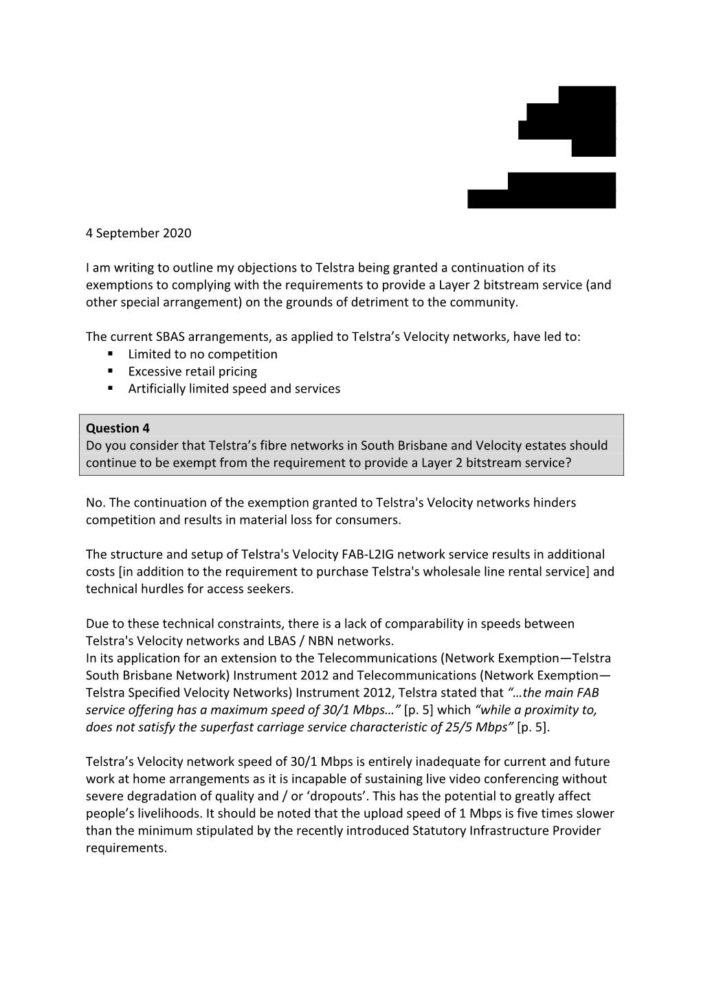 4 September 2020 I Am Writing to Outline My Objections to Telstra