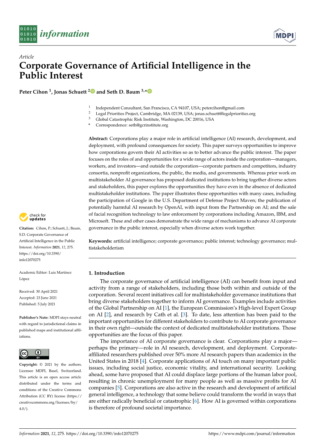 Corporate Governance of Artificial Intelligence in Thepublic Interest