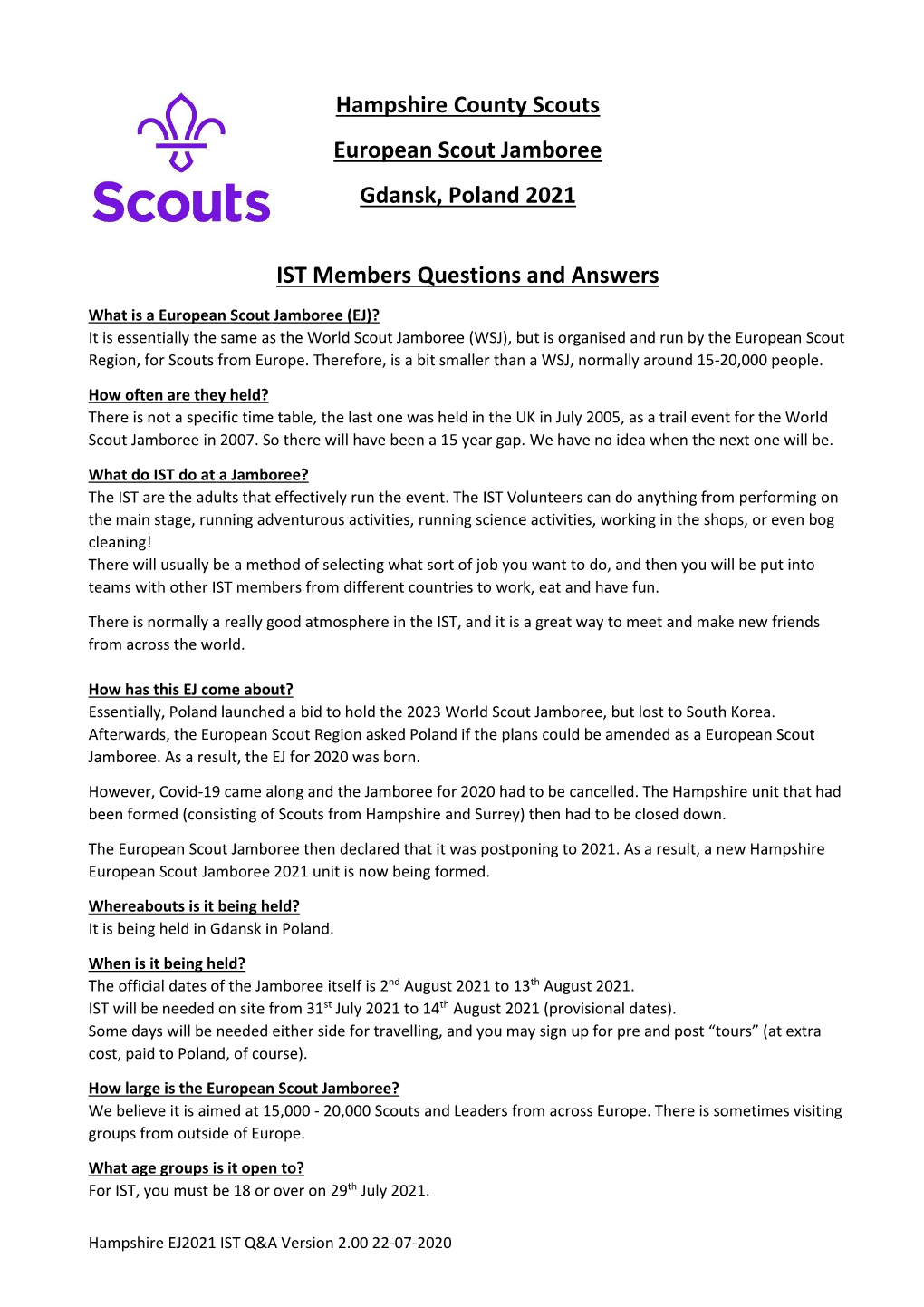 Hampshire County Scouts European Scout Jamboree Gdansk, Poland 2021 IST Members Questions and Answers