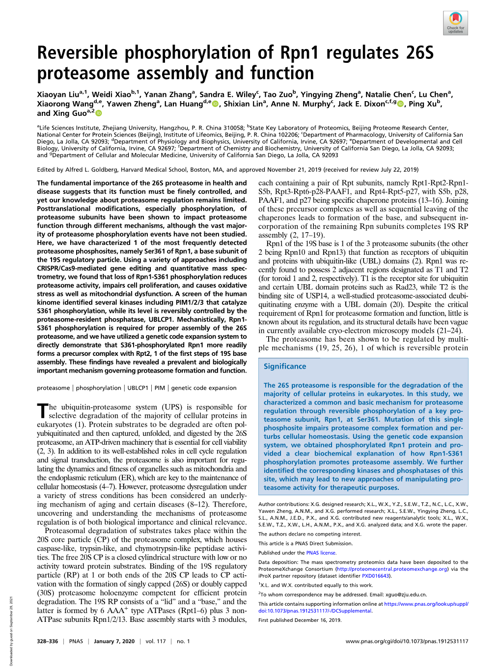 Reversible Phosphorylation of Rpn1 Regulates 26S Proteasome Assembly and Function