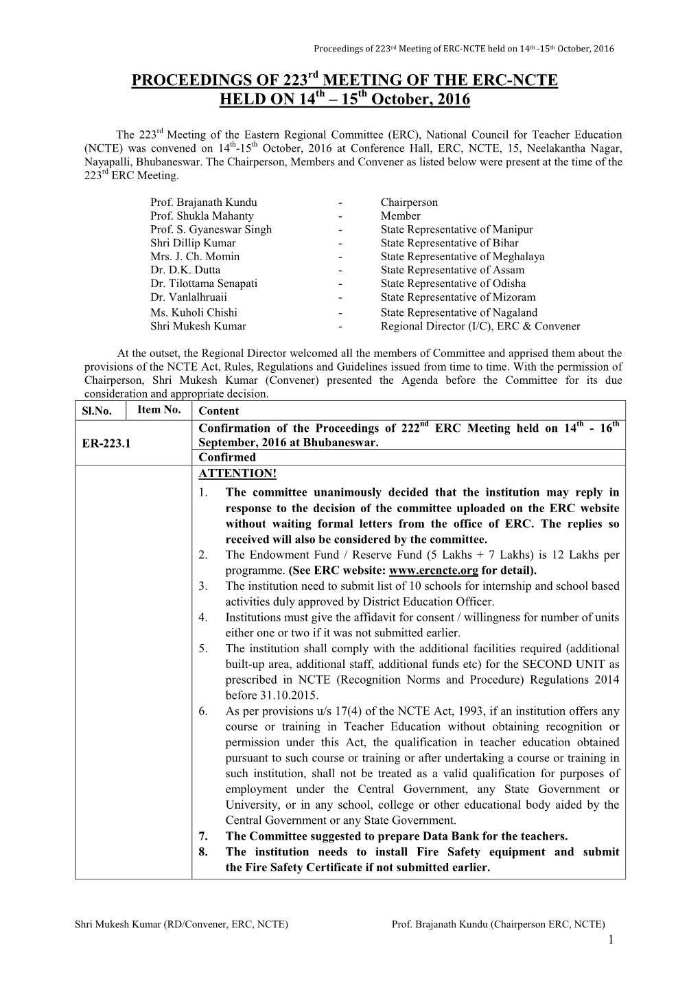 PROCEEDINGS of 223 MEETING of the ERC-NCTE HELD on 14 Th – 15Th October, 2016