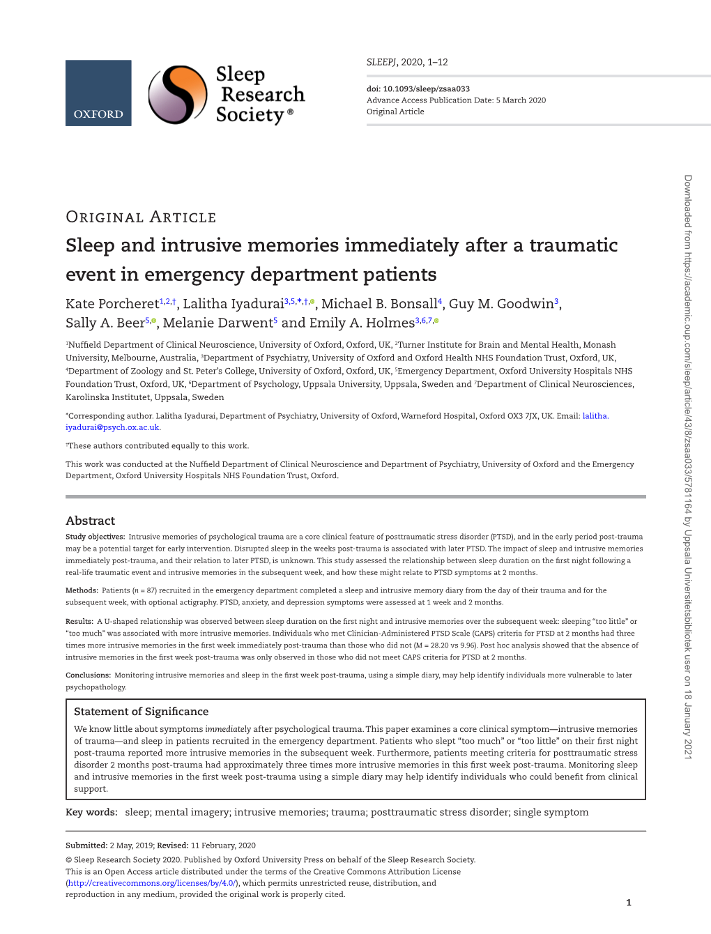 Sleep and Intrusive Memories Immediately After a Traumatic Event in Emergency Department Patients Kate Porcheret1,2,†, Lalitha Iyadurai3,5,*,†, , Michael B