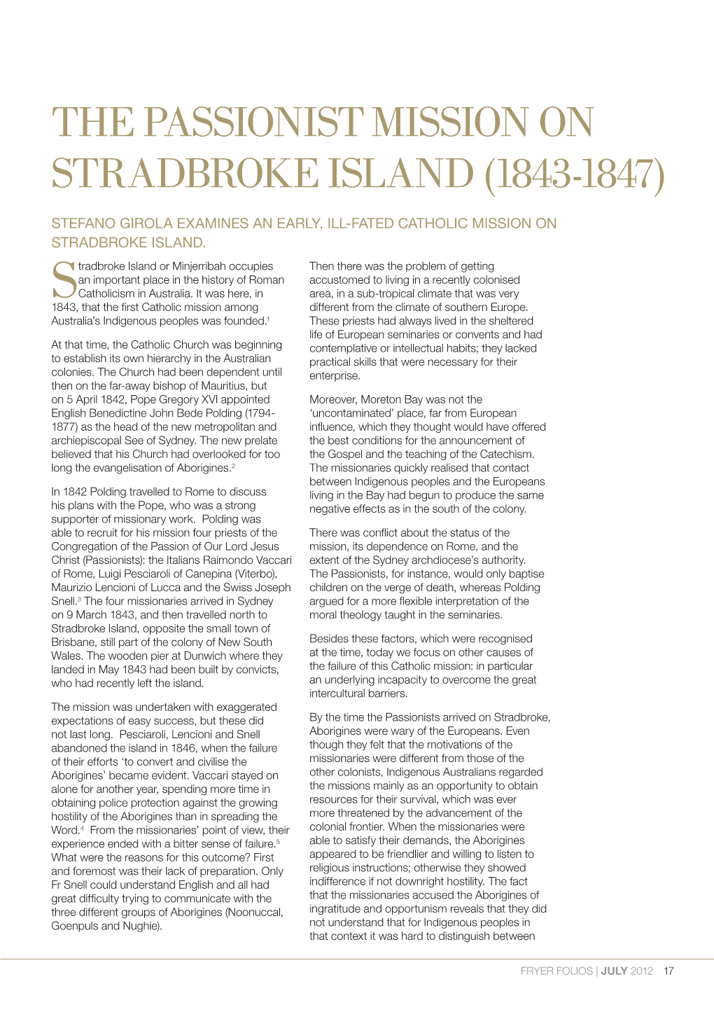 The Passionist Mission on Stradbroke Island (1843-1947)