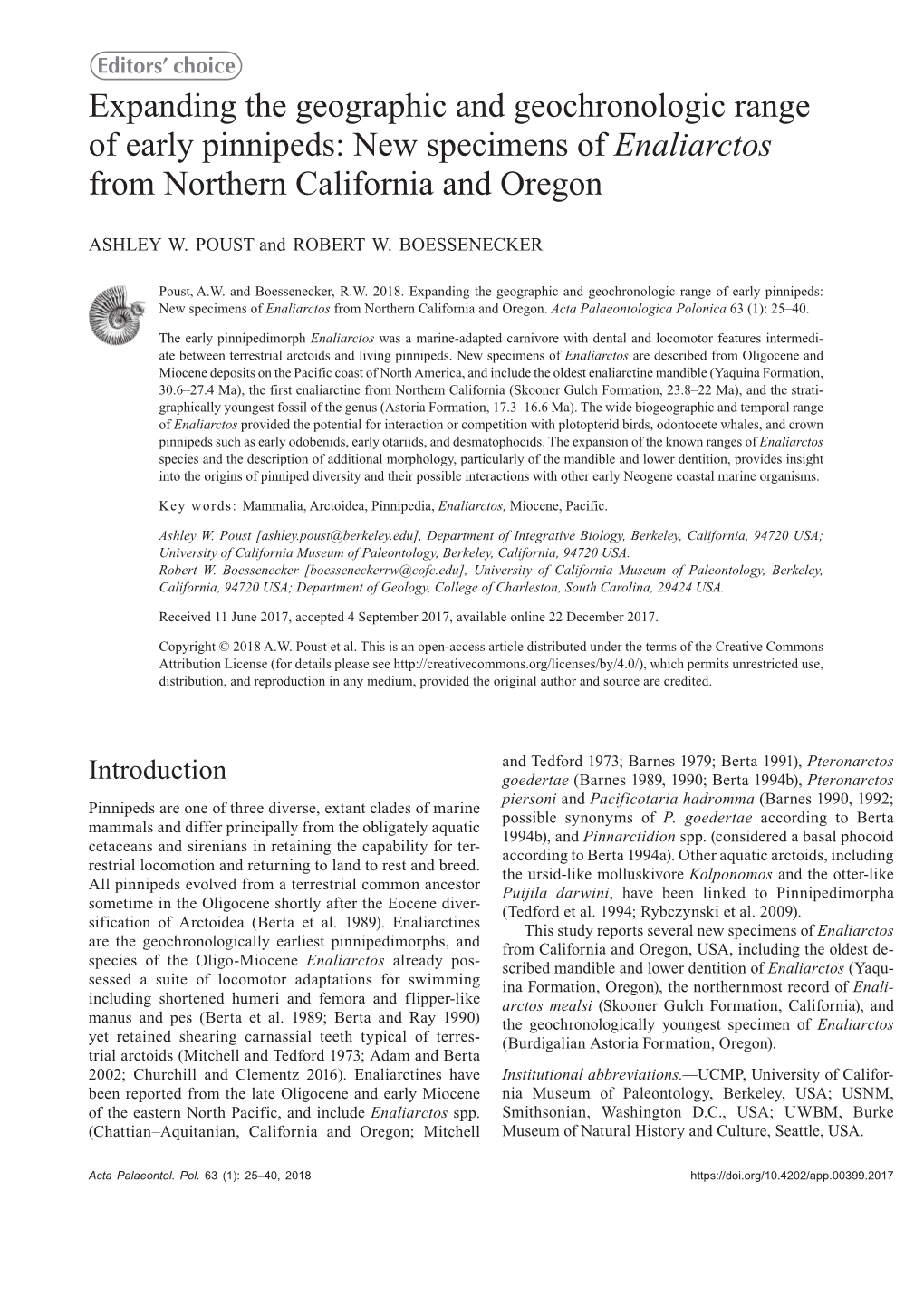 Expanding the Geographic and Geochronologic Range of Early Pinnipeds: New Specimens of Enaliarctos from Northern California and Oregon