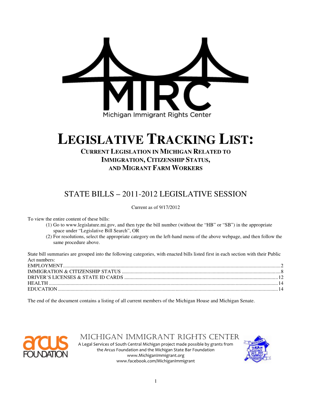 Legislative Tracking List