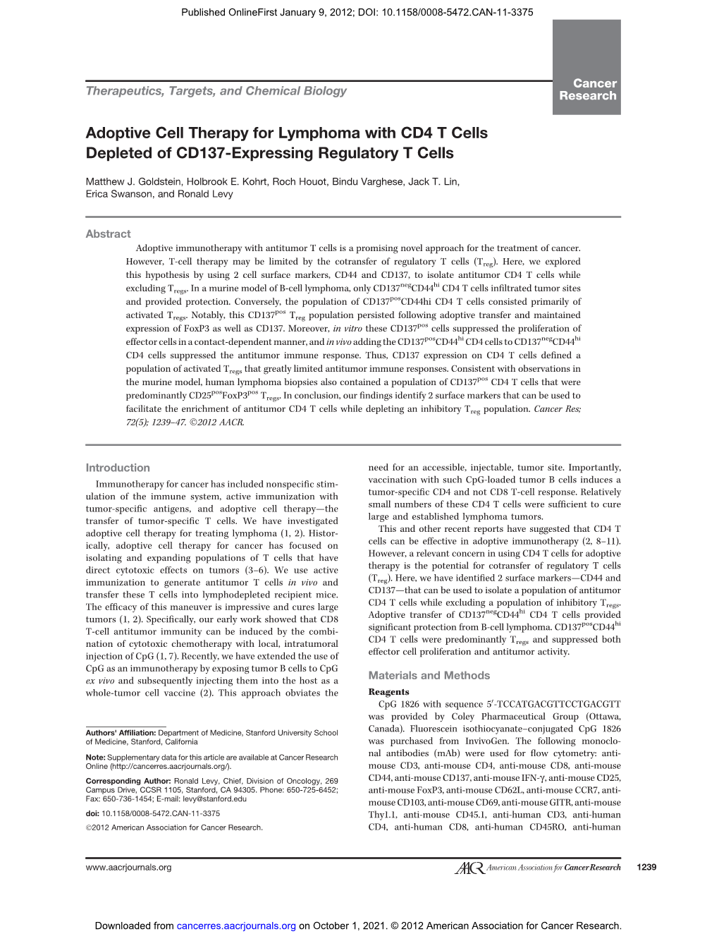 Adoptive Cell Therapy for Lymphoma with CD4 T Cells Depleted of CD137-Expressing Regulatory T Cells