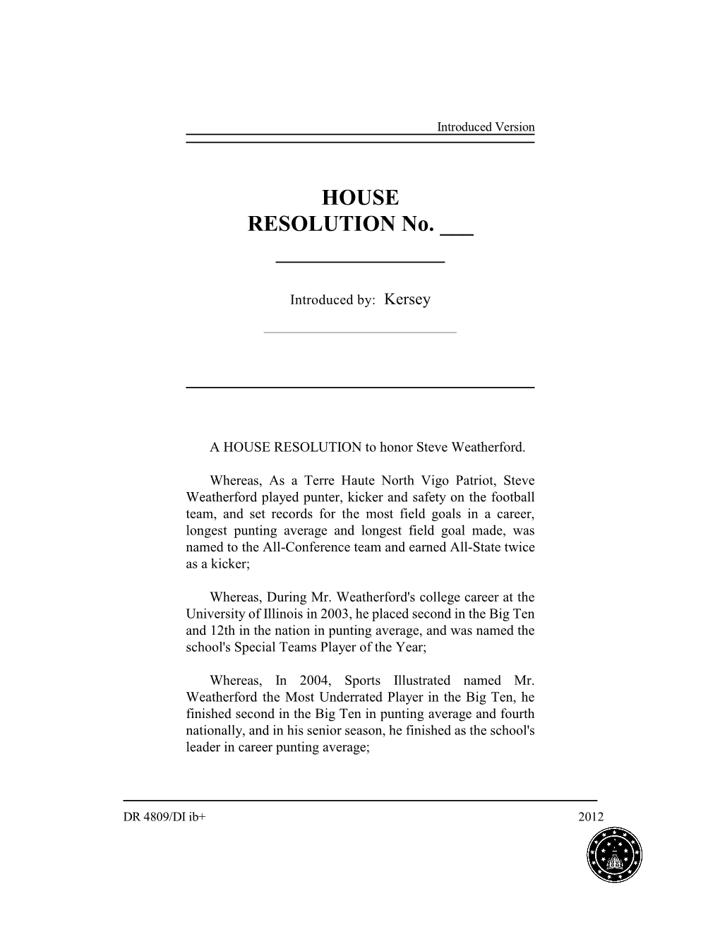 HOUSE RESOLUTION No. ___