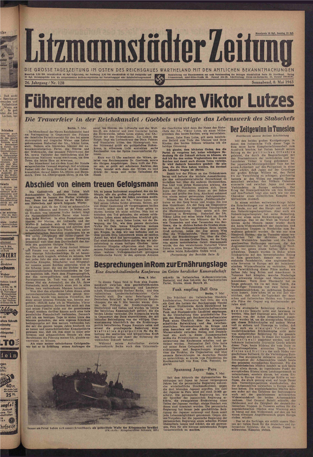 Führerrede an Der Bahre Viktor Lutzes Die Trauerfeier in Der Reichskamlei / Goebbels Würdigte Das Lebenswerk Des Stabscltefs