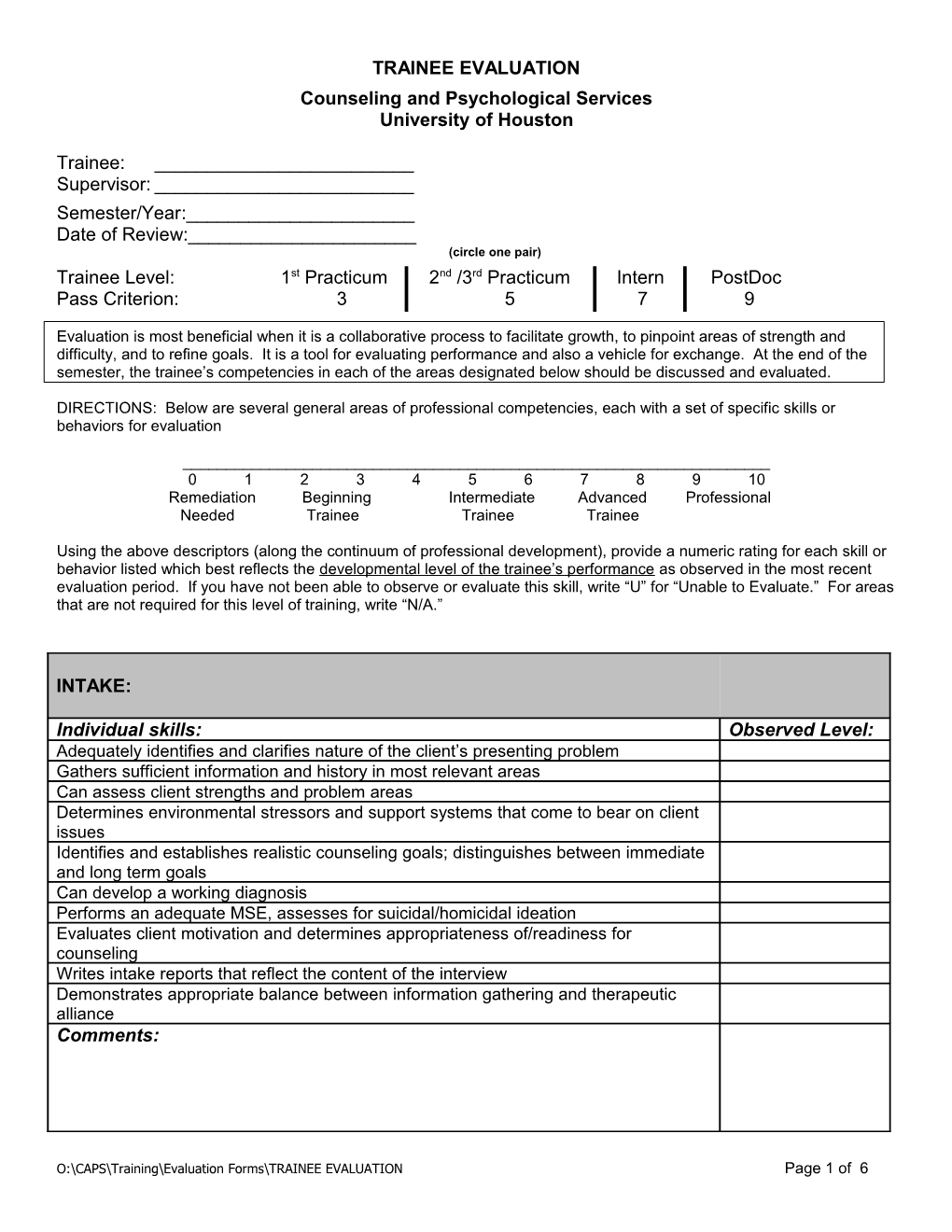 Trainee Evaluation(Counseling And Psychological Services)