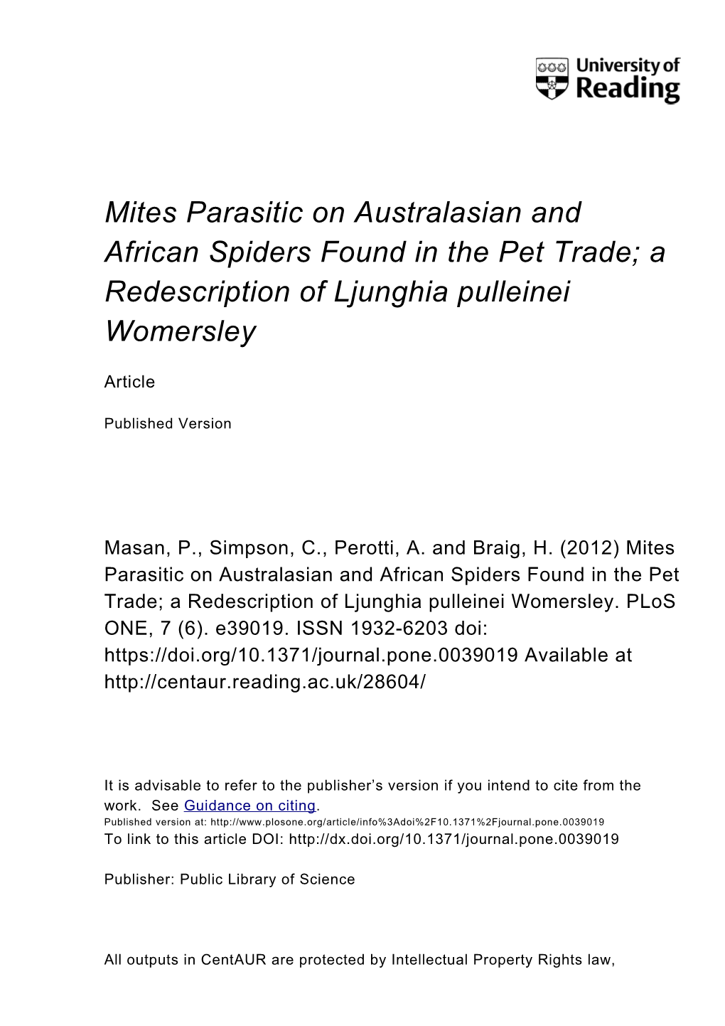 Mites Parasitic on Australasian and African Spiders Found in the Pet Trade; a Redescription of Ljunghia Pulleinei Womersley