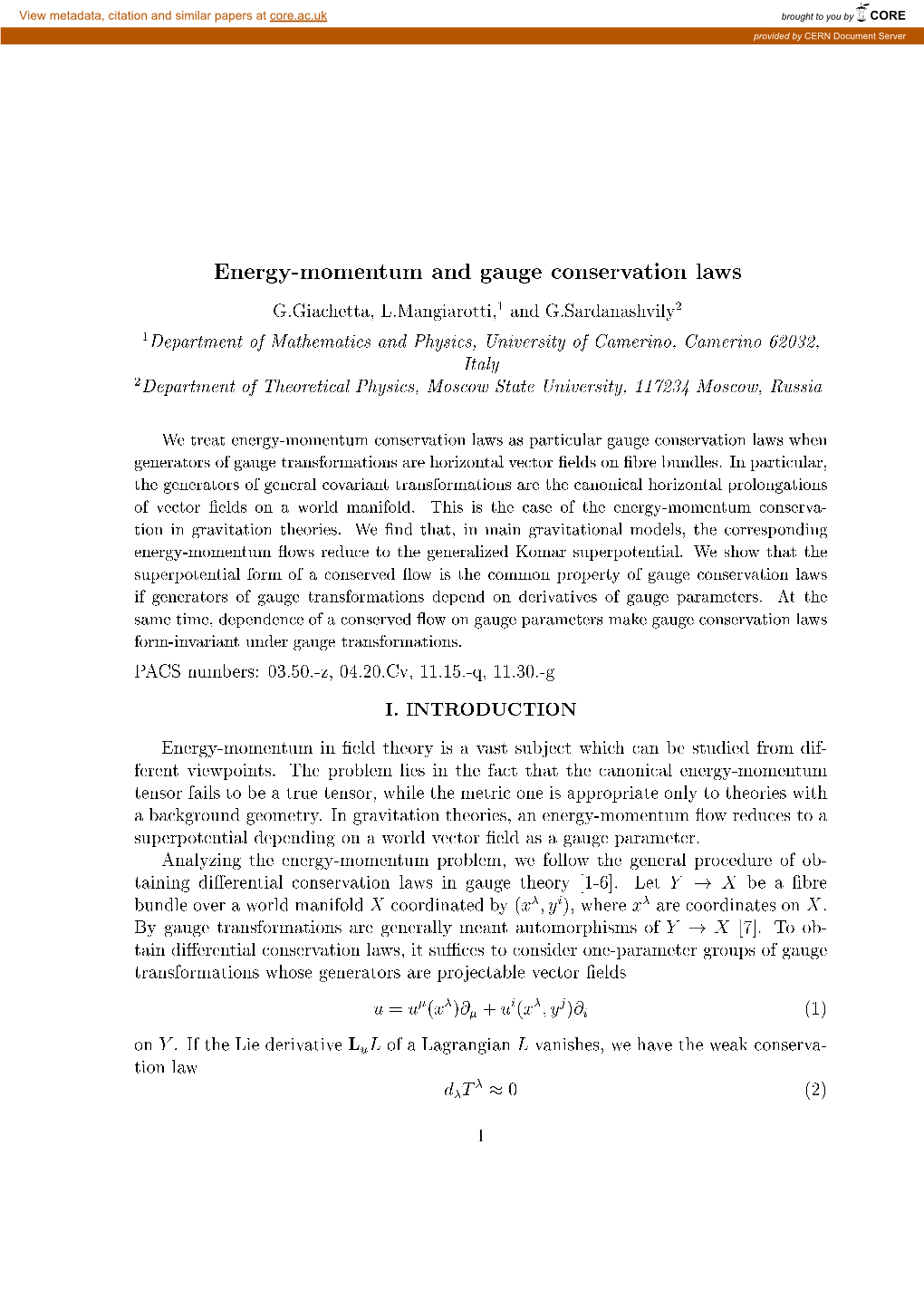 Energy-Momentum and Gauge Conservation Laws