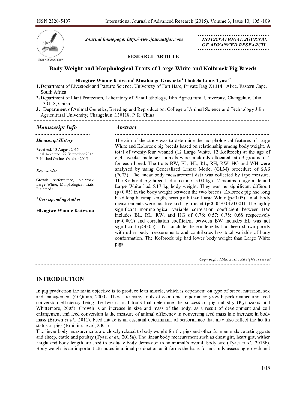 Body Weight and Morphological Traits of Large White and Kolbroek Pig Breeds