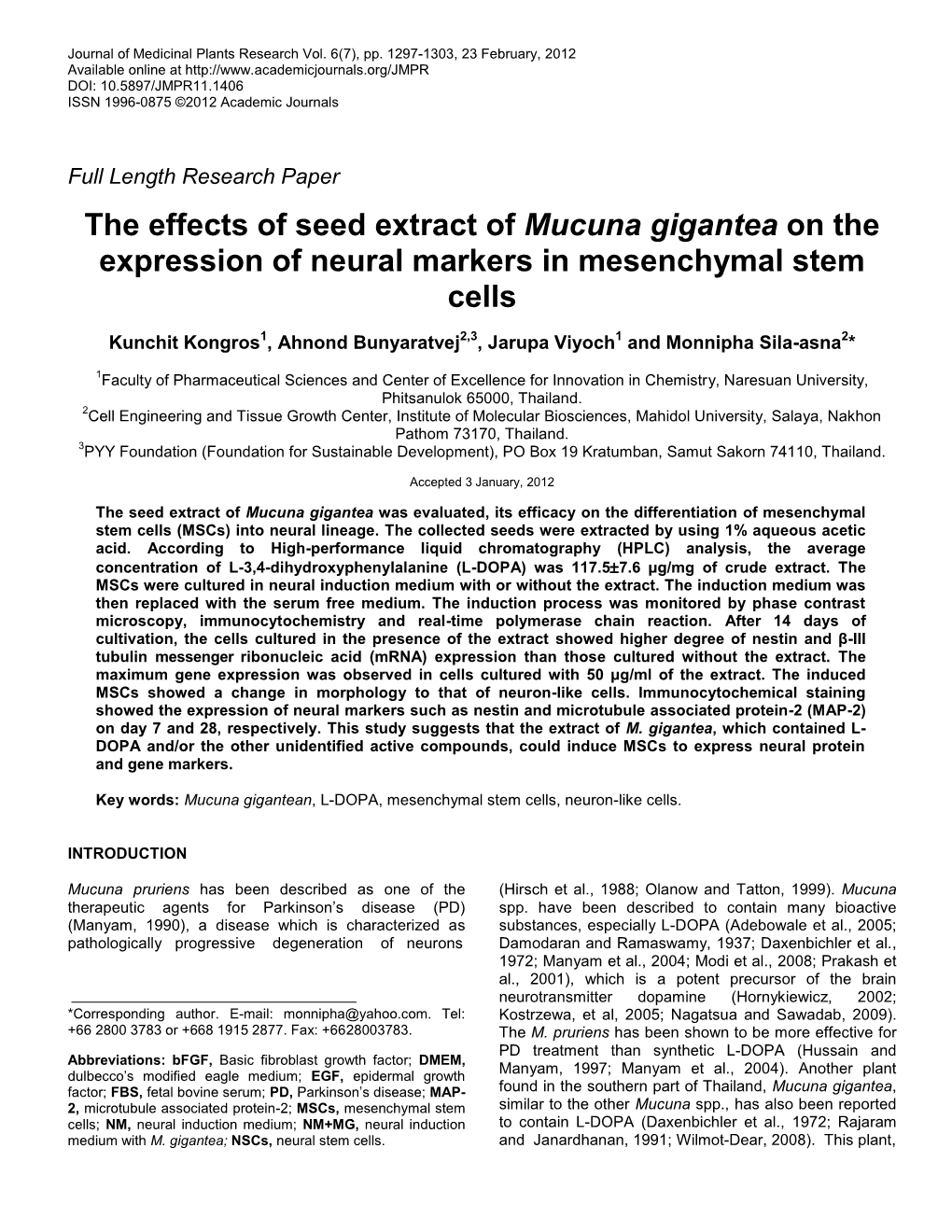 The Effects of Seed Extract of Mucuna Gigantea on the Expression of Neural Markers in Mesenchymal Stem Cells