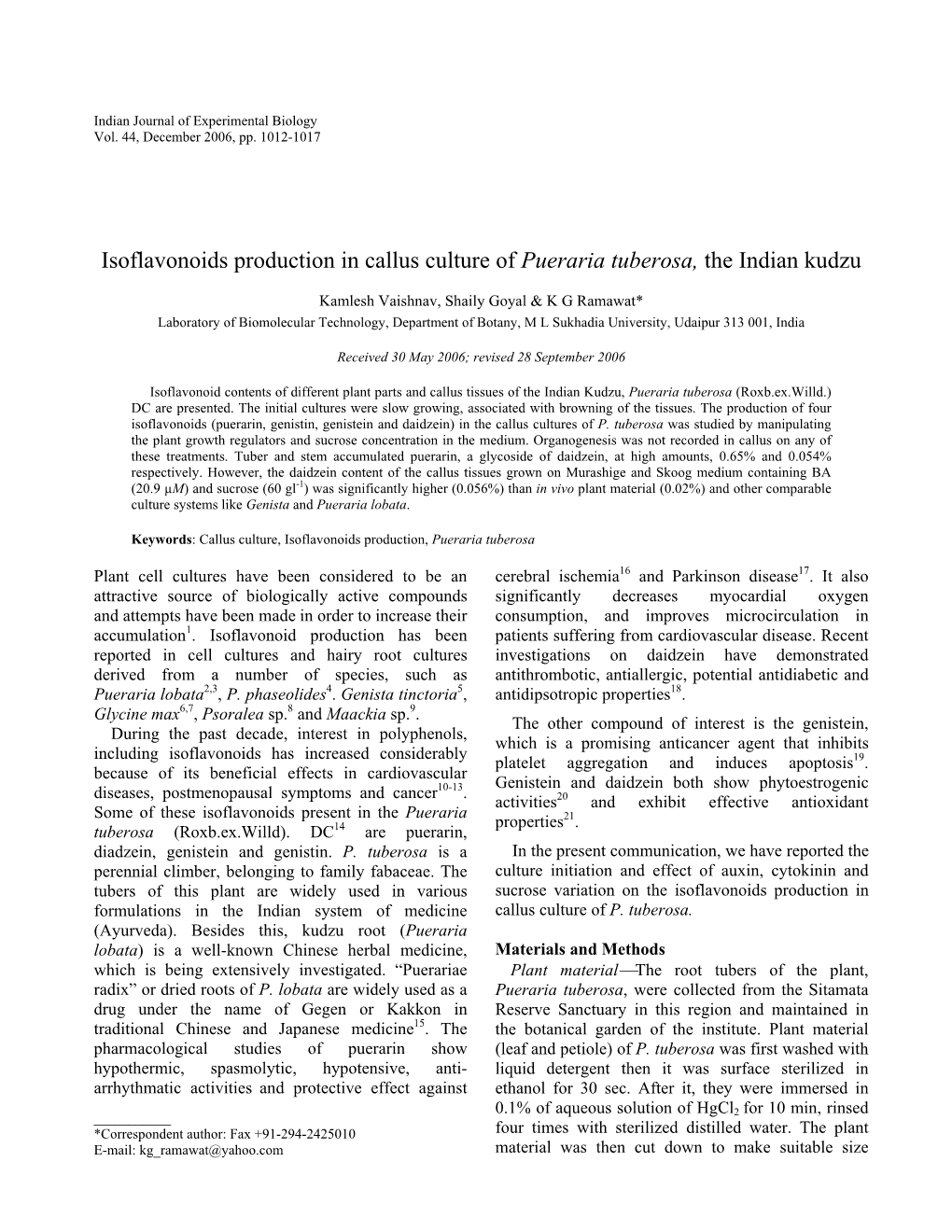 Isoflavonoids Production in Callus Culture of Pueraria Tuberosa, the Indian Kudzu