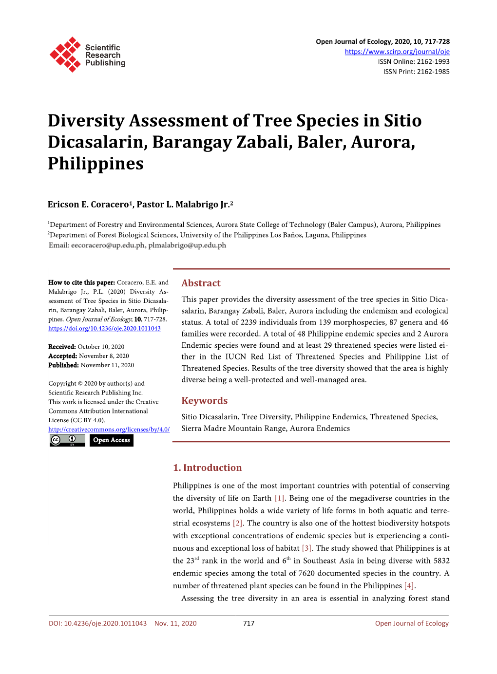 Diversity Assessment of Tree Species in Sitio Dicasalarin, Barangay Zabali, Baler, Aurora, Philippines