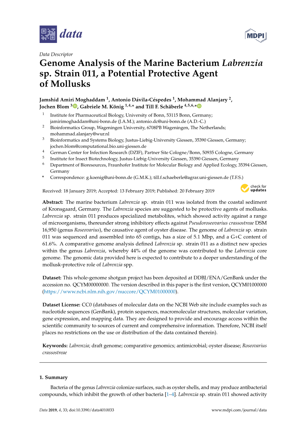 Genome Analysis of the Marine Bacterium Labrenzia Sp. Strain 011, a Potential Protective Agent of Mollusks