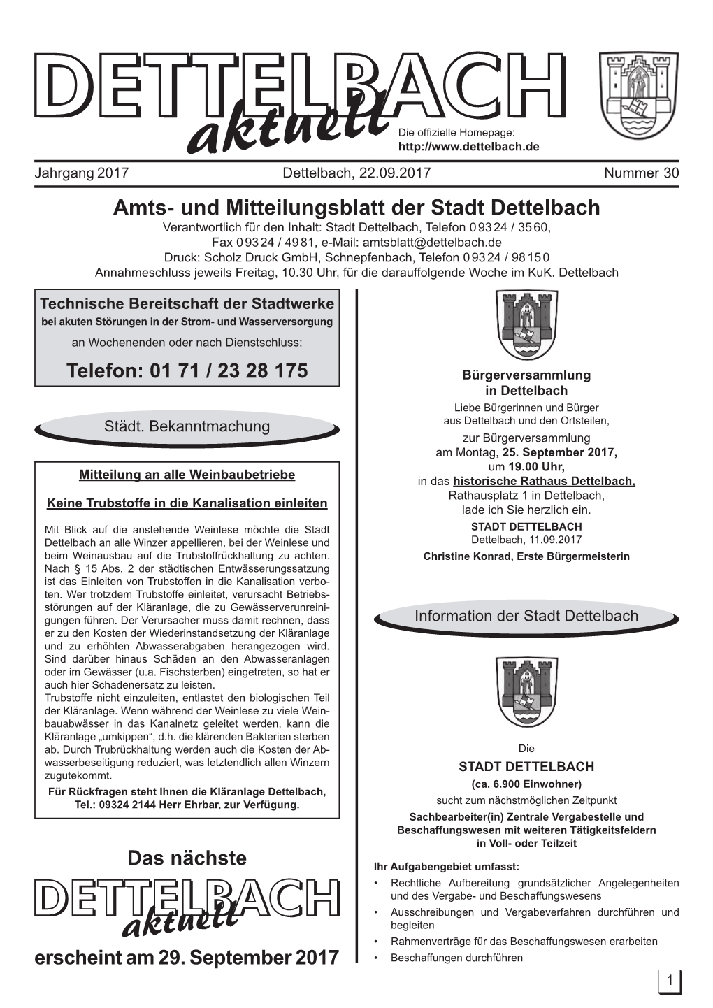 Amts- Und Mitteilungsblatt Der Stadt Dettelbach
