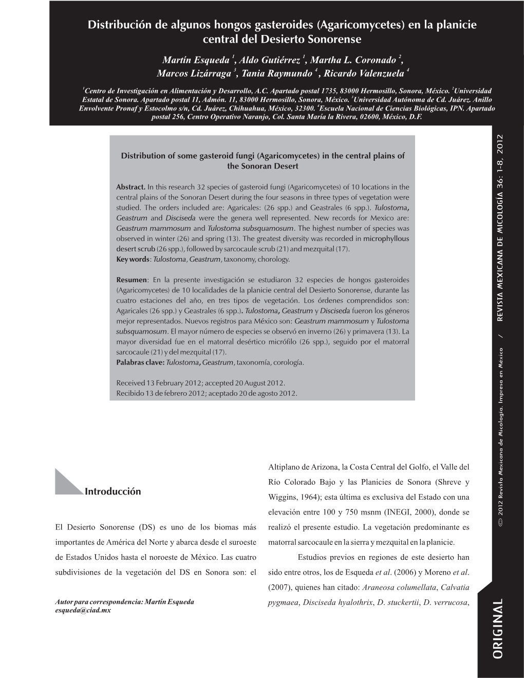 Distribución De Algunos Hongos Gasteroides (Agaricomycetes) En La Planicie Central Del Desierto Sonorense