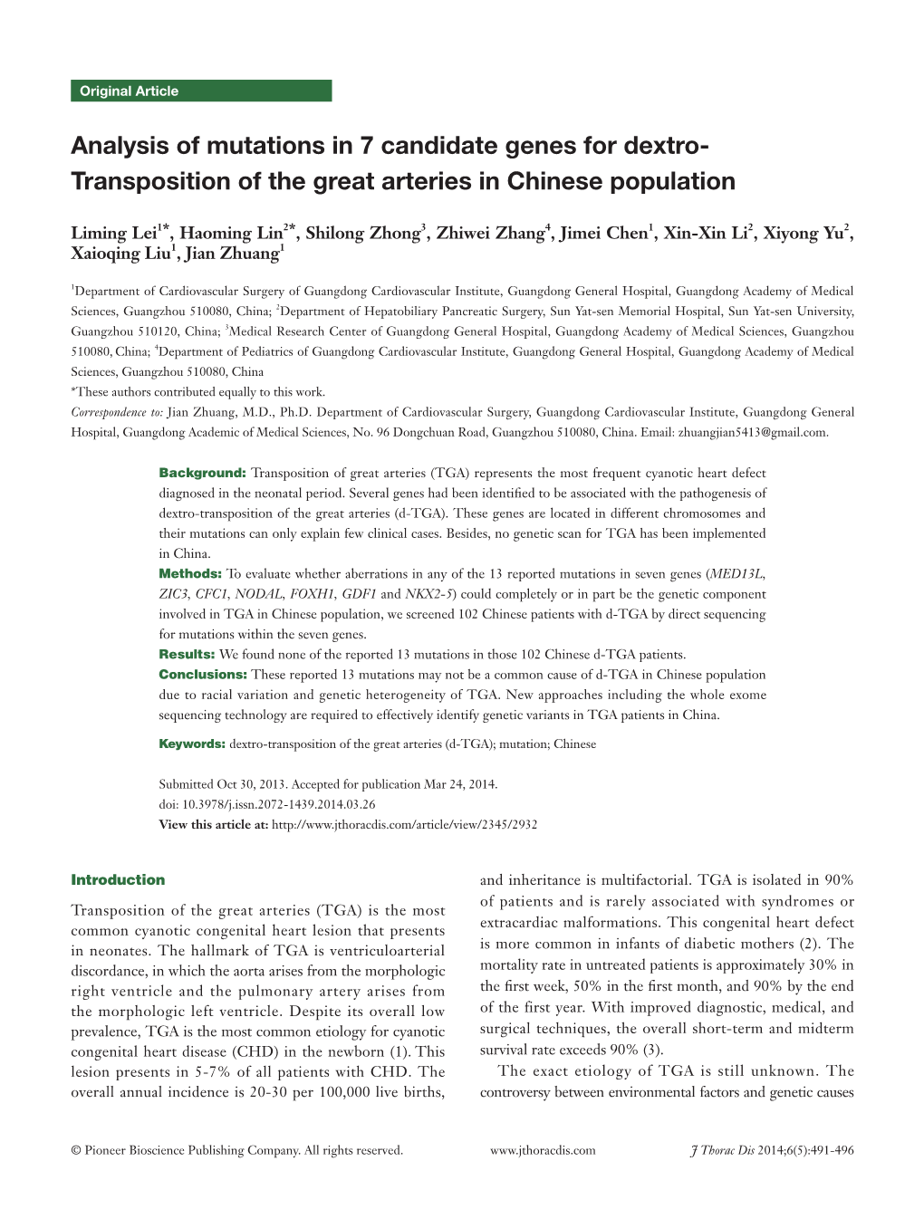Analysis of Mutations in 7 Candidate Genes for Dextro- Transposition of the Great Arteries in Chinese Population